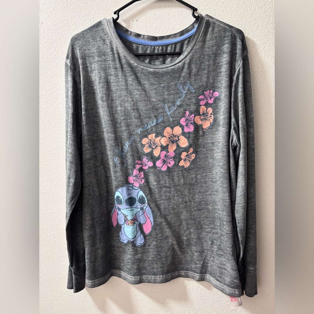 Disney Gray Long Sleeve soft Tee w Stitch and Pink Floral print L